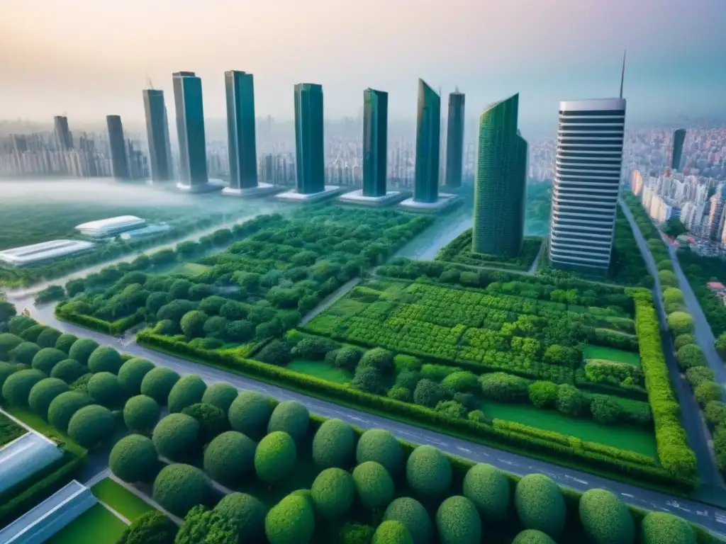 Metrópolis vibrante: cielo urbano con rascacielos y parques verdes Vibrante ciudad con rascacielos, parques verdes y bulliciosas calles