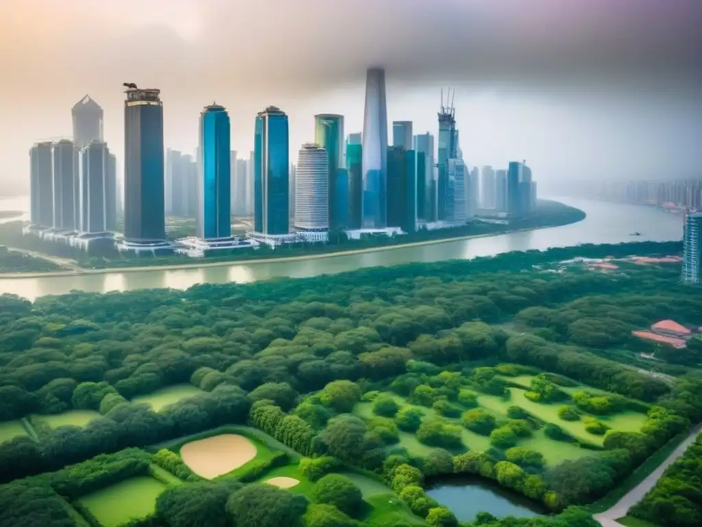 Metrópolis moderna: rascacielos y parques verdes en desarrollo urbano Vibrante ciudad con rascacielos, parques y agua, reflejando una gestión de proyectos inmobiliarios avanzada