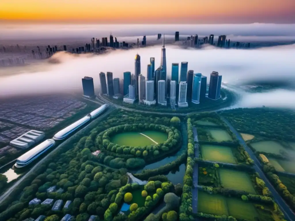 Cityscape moderno y verde: atardecer dorado en metrópolis futurista Vibrante ciudad con rascacielos y parques verdes, bañada por la cálida luz del atardecer
