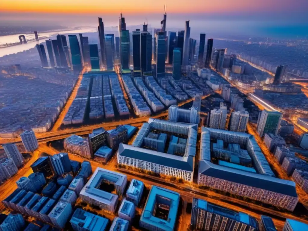 Vibrante ciudad de rascacielos al atardecer 'Vibrante ciudad con rascacielos, reflejo de la importancia de localización en inversiones inmobiliarias