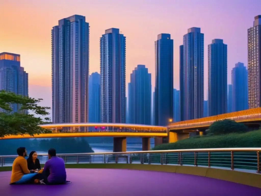 Cityscape urbano al anochecer: luces doradas y conectividad Vibrante ciudad al anochecer con rascacielos residenciales iluminados