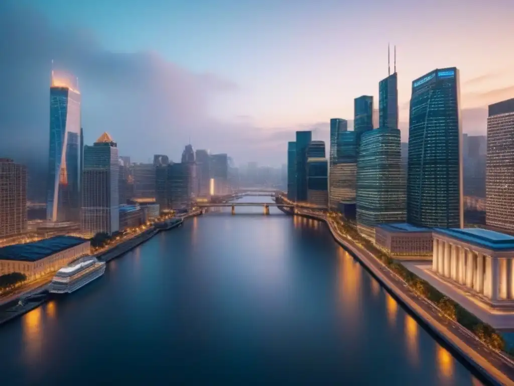Metrópolis nocturna: luces vibrantes en río sereno Vibrante ciudad al anochecer, reflejos en el río, previsions mercado inmobiliario reserva federal