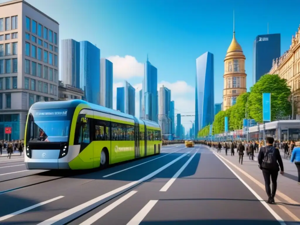 Escena urbana futurista: tranvía, bus stop y ciclistas Vibrante ciudad con servicios esenciales, moderno transporte público y urbanizaciones, bajo cielo azul claro