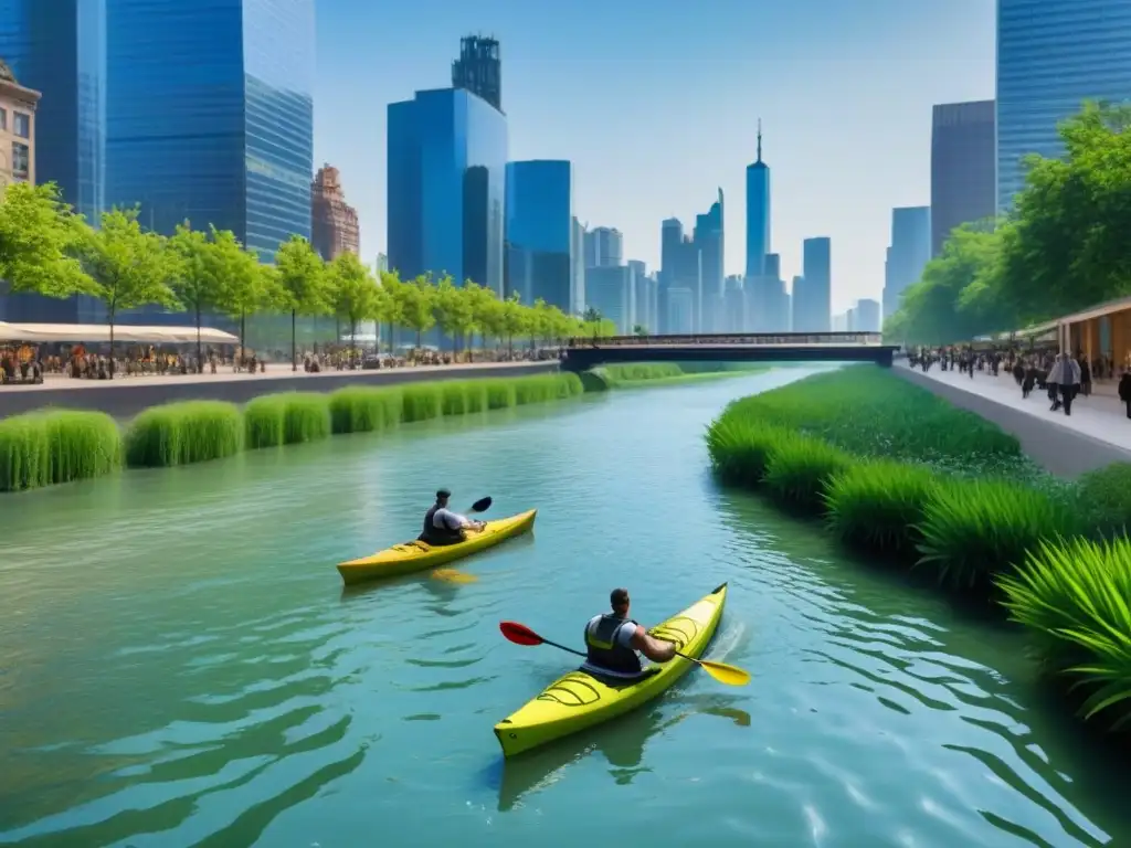 Renovación urbana: río integrado en ciudad futurista Vibrante ciudad con restauración sistemas acuáticos urbanos integrada, río y naturaleza en armonía