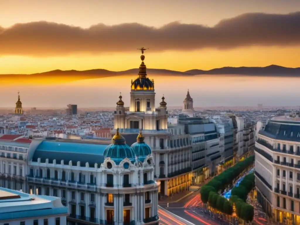 Espléndida vista aérea de Madrid: mercado inmobiliario vibrante Vibrante ciudad de Madrid con skyline icónico, reflejo del mercado inmobiliario en España