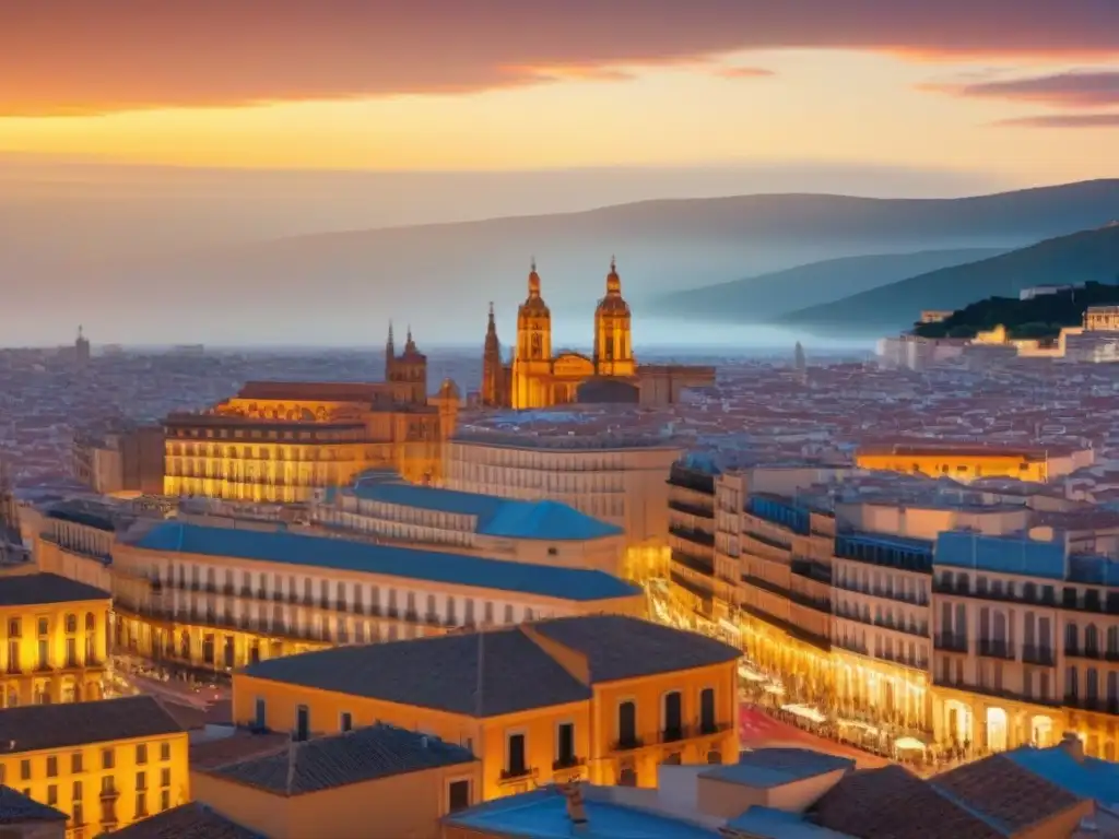 Oportunidades de inversión inmobiliaria: panorama urbano en España Vibrante ciudad en España con skyline moderno y arquitectura histórica al atardecer, ideal para inversión inmobiliaria en España