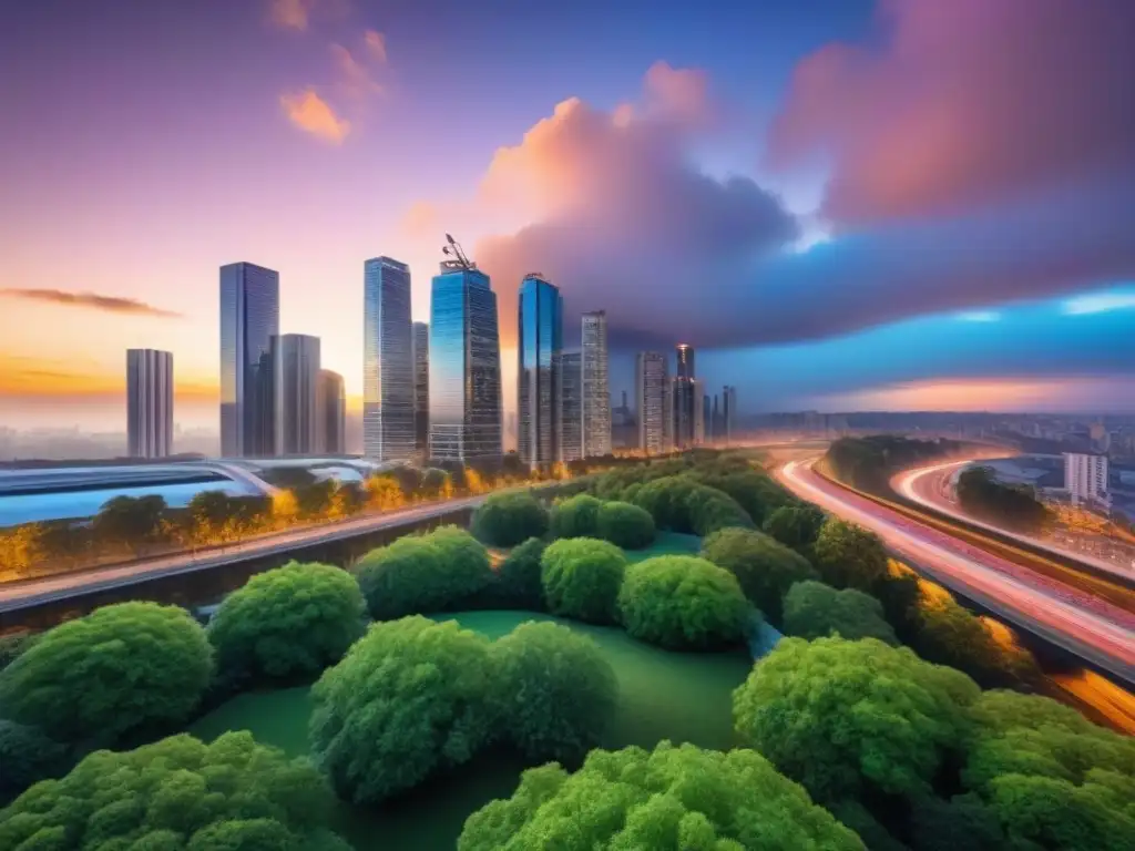 Metrópolis sustentable: armonía urbana al atardecer Vibrante ciudad sostenible con arquitectura moderna, áreas verdes y transporte público eficiente