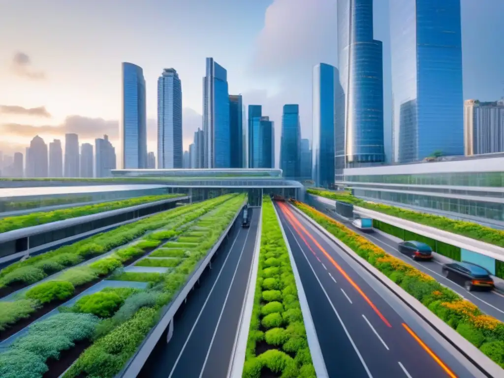 Metrópolis sostenible: ciudades del futuro 'Vibrante ciudad sostenible al atardecer con inversiones sostenibles en mercado inmobiliario'