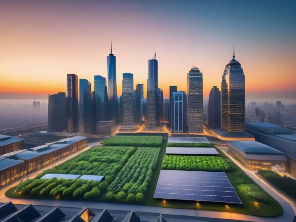 Horizonte sostenible: inversión inmobiliaria verde al atardecer Una vibrante ciudad sostenible al atardecer con modernos rascacielos y profesionales, reflejando estrategias de inversión inmobiliaria sostenibles