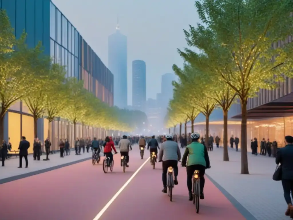Vida urbana sostenible: arquitectura moderna y comunidad en armonía Vibrante ciudad sostenible al atardecer, reflejando la importancia ética en desarrollo urbano
