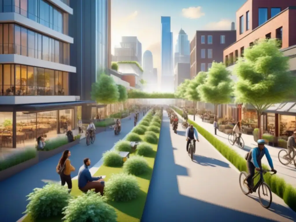 Cityscape sostenible: vida urbana vibrante y ecoamigable Vibrante ciudad sostenible con economía local floreciente y comunidad unida