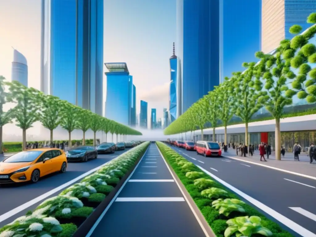 Futurista ciudad sostenible: verde y avanzada Vibrante ciudad sostenible con edificios verdes y energía renovable, reflejando armonía entre urbanismo y sostenibilidad