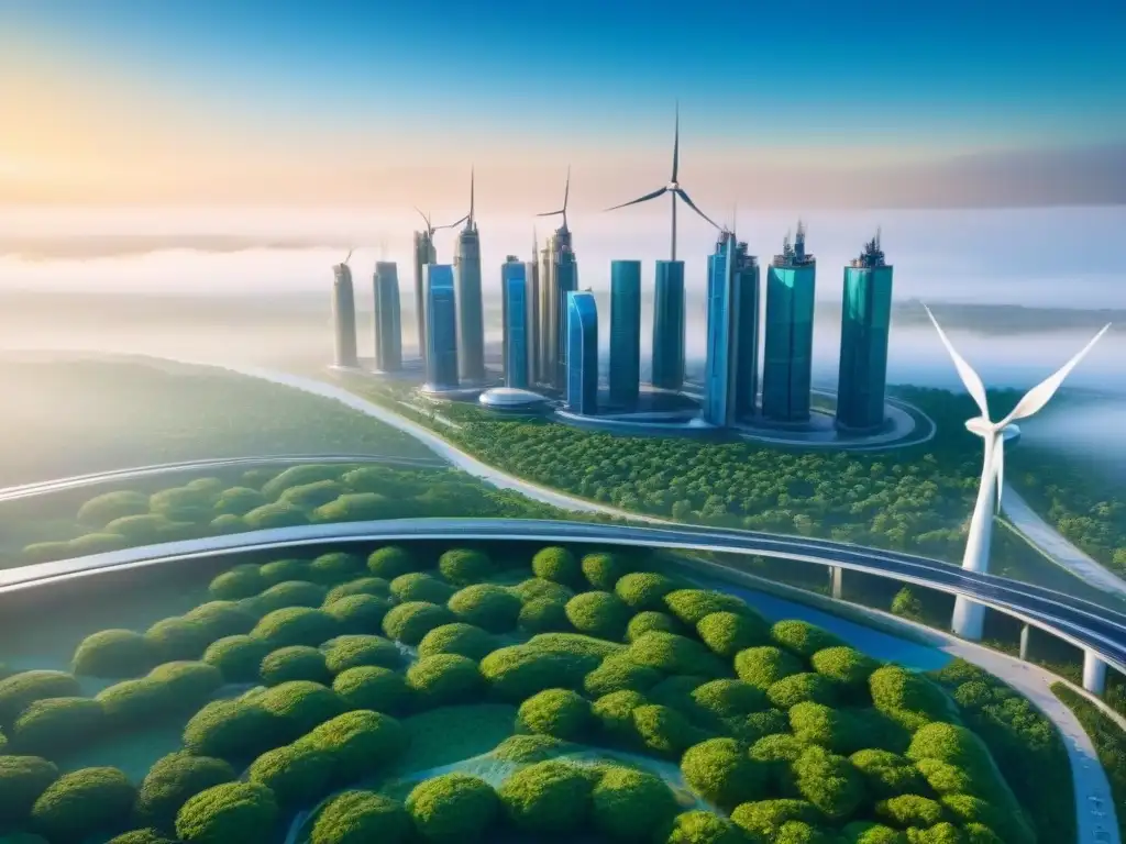 Cityscape futurista sostenible: edificios verdes y energía limpia Vibrante ciudad sostenible con edificios verdes, paneles solares y transporte público eficiente