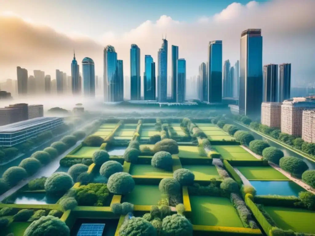 Arquitectura sostenible y espacios verdes en ciudad moderna Vibrante ciudad: arquitectura sostenible y espacios verdes en armonía con regulaciones conservación inversores inmobiliarios