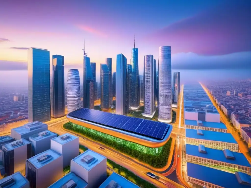 Metrópolis sostenible: ciudad futurista con tecnología verde y eficiente Vibrante ciudad sostenible al anochecer con tecnología urbana avanzada y servicios ecoamigables
