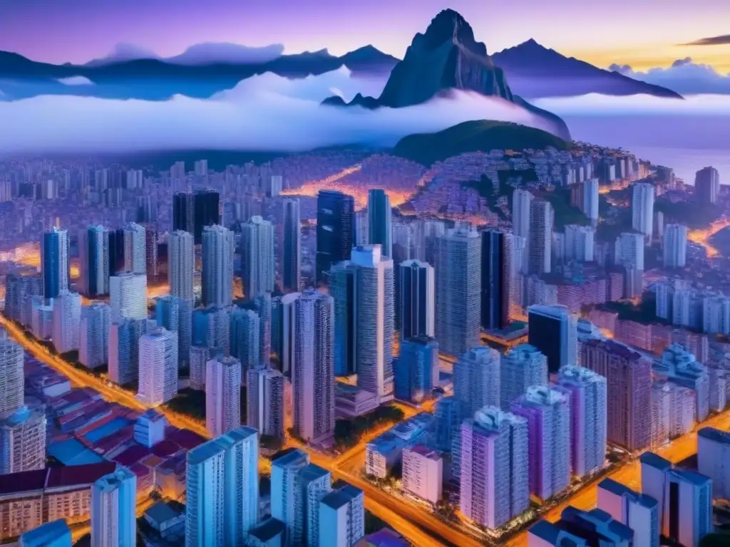 Horizonte urbano sudamericano: fusión de modernidad y tradición al atardecer Vibrante ciudad sudamericana al atardecer, reflejando la fusión de tradición y progreso en inversiones inmobiliarias en Sudamérica
