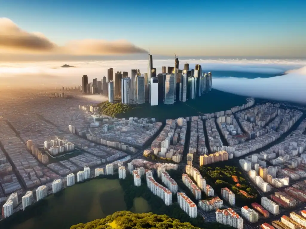 Metrópolis vibrante: crecimiento urbano en Sudamérica Vibrante ciudad sudamericana con rascacielos y mercados, simbolizando la inversión extranjera en el mercado inmobiliario de Sudamérica