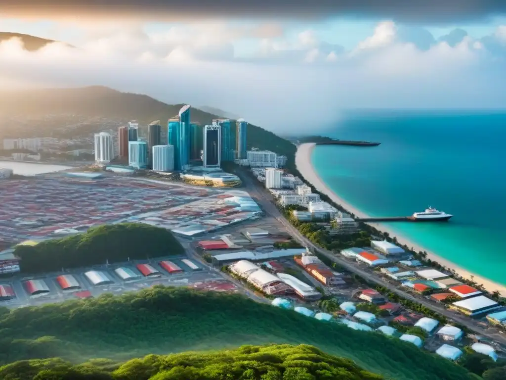 Vibrante skyline de Port of Spain, Trinidad y Tobago Vibrante ciudad de Puerto España, Trinidad y Tobago, con mezcla de rascacielos modernos y edificios históricos frente al mar Caribe