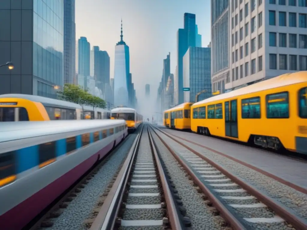 Red de transporte urbano: Conectividad y movimiento en la ciudad Vibrante ciudad con transporte integrado y rascacielos al fondo, destacando la Importancia infraestructura transporte áreas metropolitanas