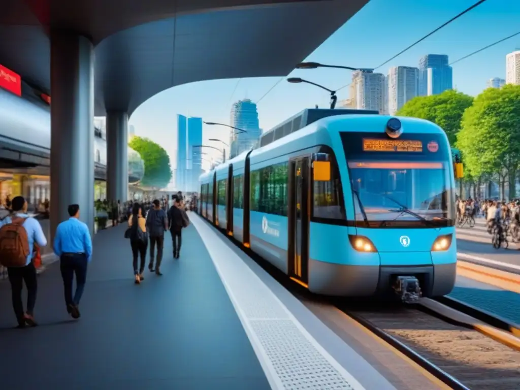 Metrópolis futurista: transporte público integrado en armonía urbana Vibrante ciudad con transporte público futurista y desarrollo inmobiliario, impacto del urbanismo sostenible
