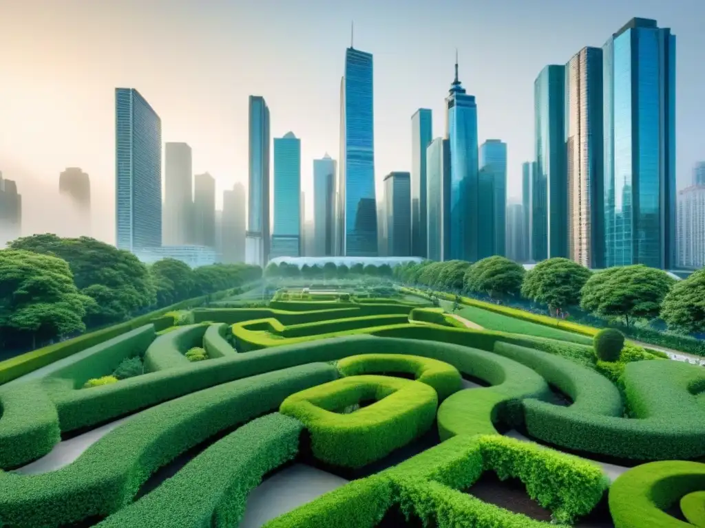 Metrópolis verde: armonía urbana y naturaleza Vibrante ciudad urbana fusionada con exuberantes espacios verdes, destacando beneficios en desarrollos urbanos