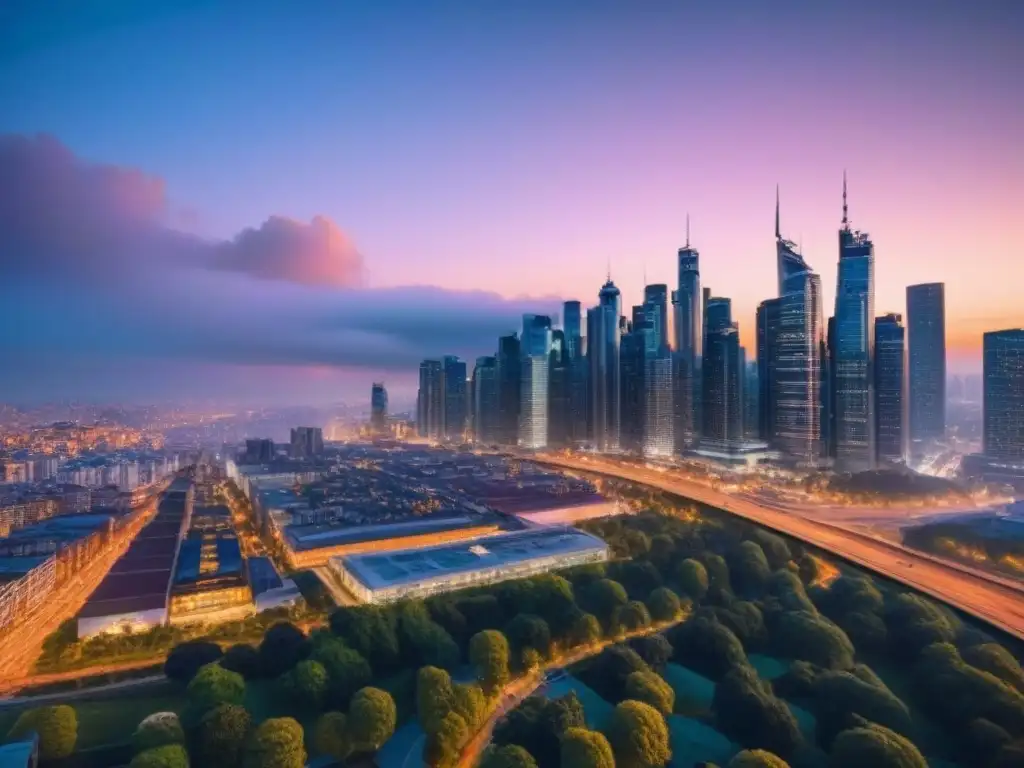 Vibrante ciudad segura: skyline iluminado y comunidad diversa Vibrante ciudad urbana al anochecer, con rascacielos iluminados y personas diversas, destacando comunidad y seguridad