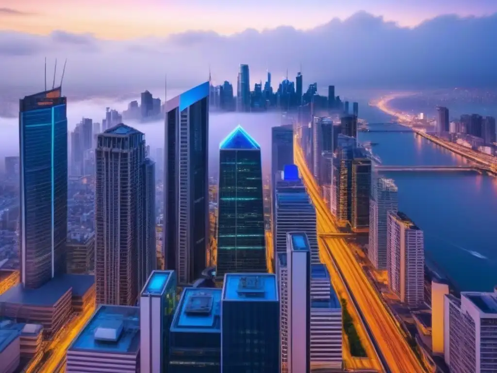 Metrópolis futurista: luces neón, tráfico y tecnología avanzada Vibrante ciudad urbana al anochecer con rascacielos iluminados por luces neón, tráfico y cables de fibra óptica