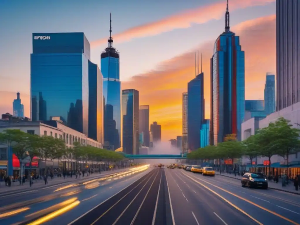 Metrópolis moderna en renovación al atardecer Vibrante ciudad urbana con rascacielos modernos reflejando los colores del atardecer, ejemplificando la revitalización zonas urbanas casos éxito