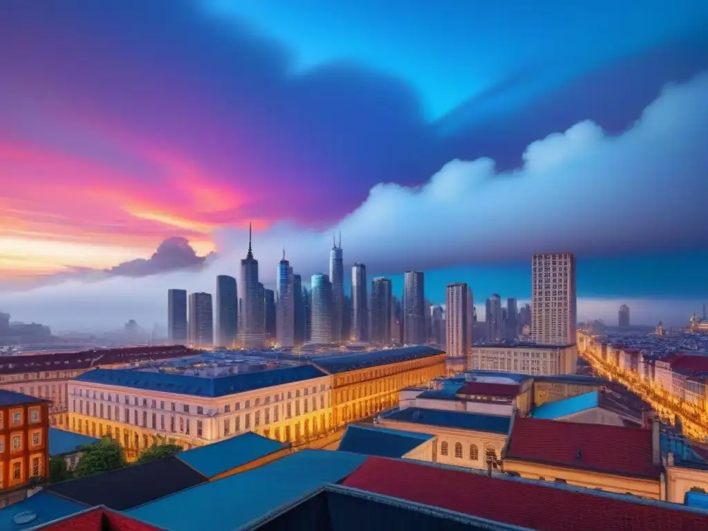 Arquitectura multicultural en una ciudad vibrante Vibrante ciudad al anochecer con urbanismo innovador y diversidad cultural