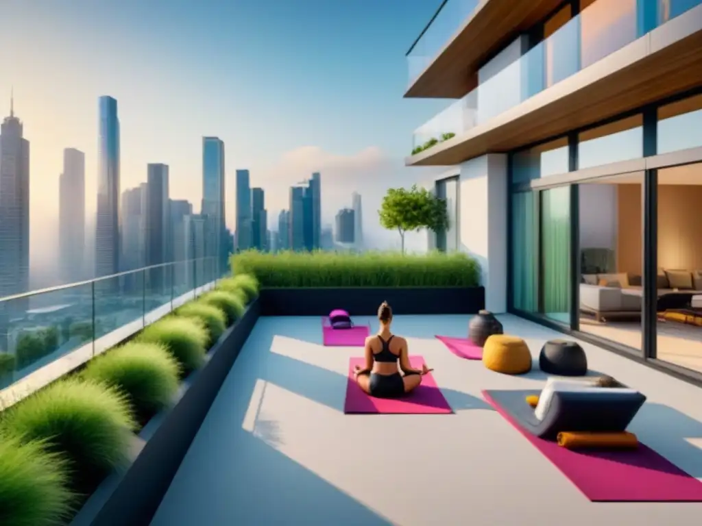 Complejo residencial vanguardista: terraza multifuncional en la ciudad Vibrante complejo de apartamentos modernos con rentas temporales, diversidad de actividades y ambiente urbano