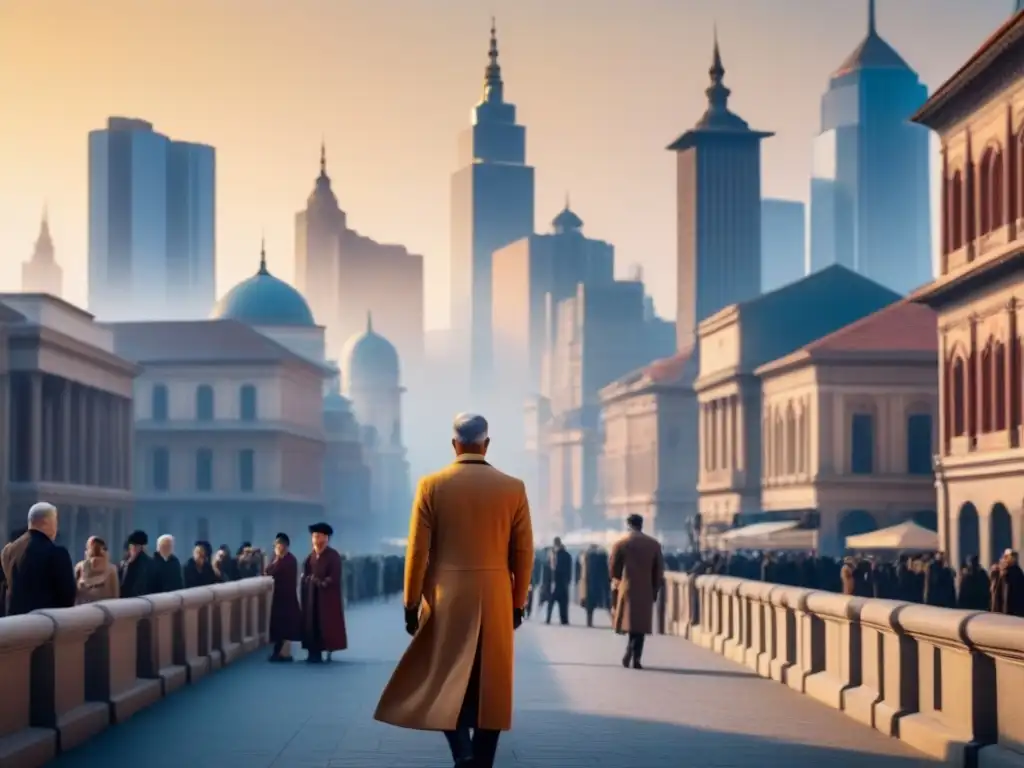 Contraste urbano: ciudad futurista y edificios históricos en armonía Un vibrante contraste entre lo antiguo y lo moderno en una ciudad futurista al atardecer