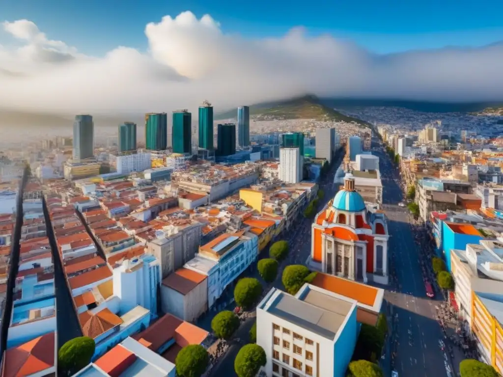 Contraste arquitectónico en la ciudad de México: tradición e innovación Un vibrante contraste entre rascacielos modernos y arquitectura histórica en la bulliciosa ciudad de México
