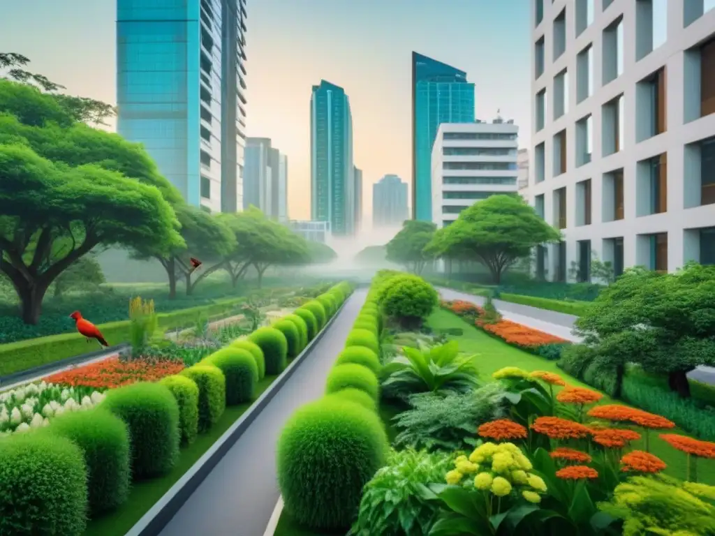 Corredor verde urbano: biodiversidad en armonía Un vibrante corredor verde urbano muestra biodiversidad en restauración, fusionando naturaleza y ciudad