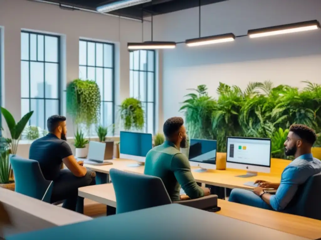 Colaboración innovadora en espacio de coworking Un vibrante coworking donde freelancers colaboran, innovan y crean juntos