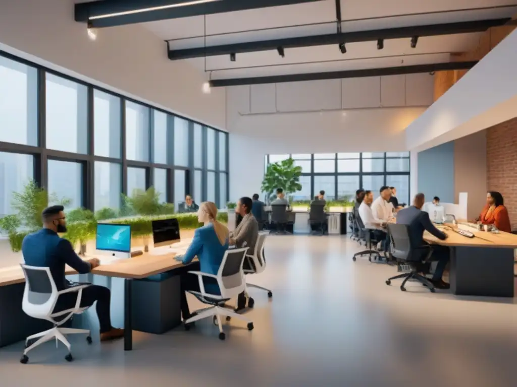 Espacio coworking innovador y colaborativo lleno de diversidad y energía Un vibrante coworking lleno de profesionales diversos colaborando en un ambiente moderno y luminoso