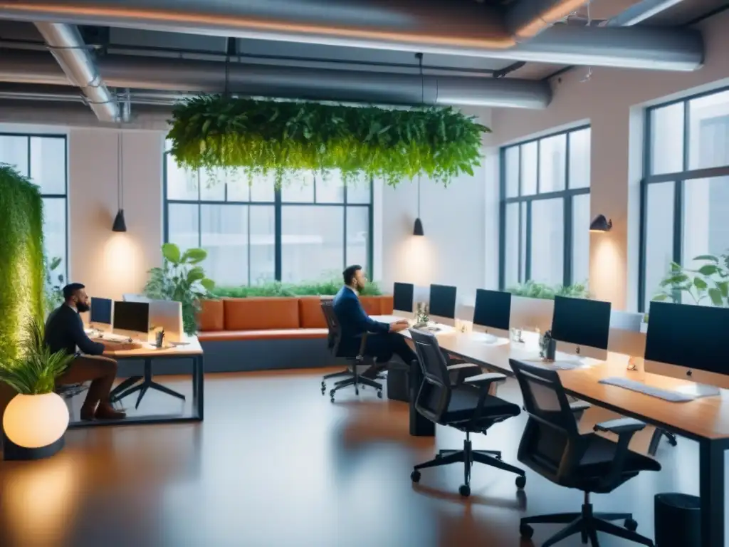 Espacio de coworking vibrante: profesionales colaboran en ambiente innovador y productivo Un vibrante coworking lleno de profesionales colaborando en un espacio moderno y verde