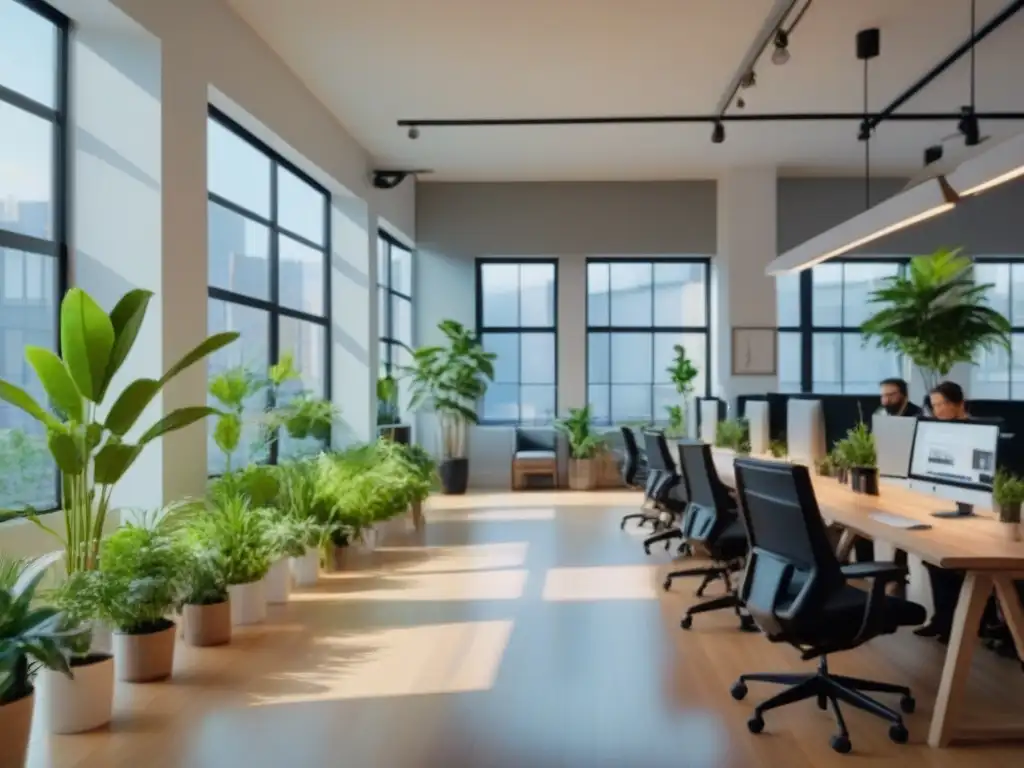 Coworking contemporáneo: espacio vibrante para profesionales Un vibrante coworking con profesionales colaborando en espacios minimalistas rodeados de plantas, luz natural y mobiliario moderno