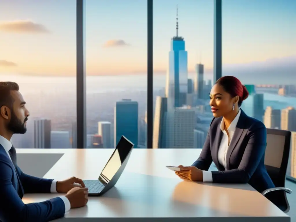 Profesionales globales debaten estrategias inmobiliarias Un vibrante debate sobre estrategias avanzadas de inversión inmobiliaria internacional en una oficina moderna y diversa
