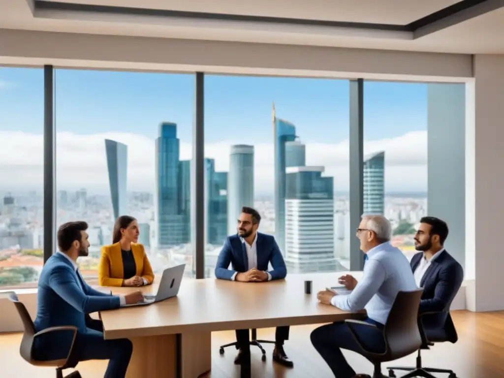 Un vibrante debate sobre normativas arrendamiento Uruguay derechos deberes en un moderno espacio de oficina con diversidad de personas reflexivas