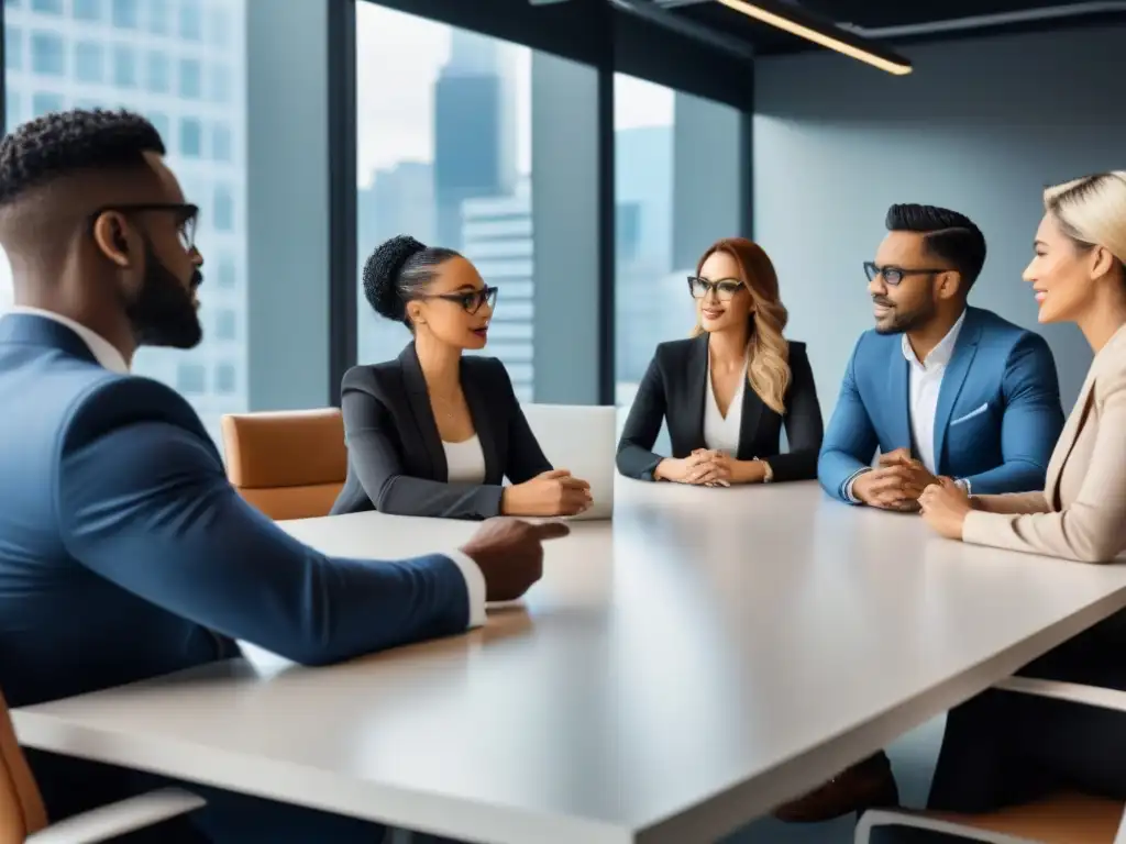 Reunión profesional diversa en coworking de vanguardia Un vibrante debate de profesionales en un espacio coworking moderno, ideal para estrategias de inversión a corto plazo