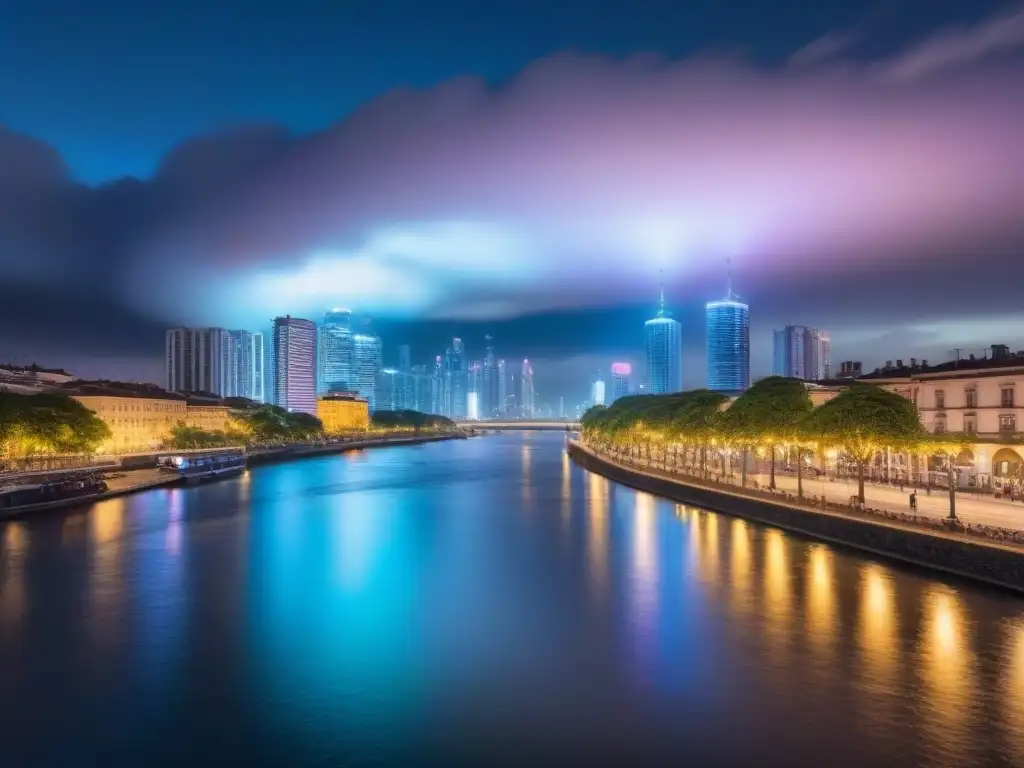 Espectacular ciudad nocturna: rascacielos iluminados junto al río Vibrante desarrollo urbano: ciudad integrada con rascacielos iluminados reflejados en río sereno de noche