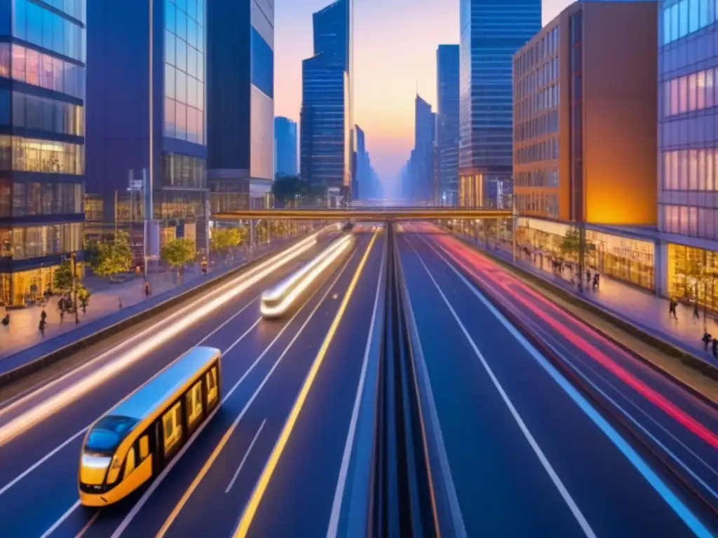 Vibrante metrópolis al atardecer: luces, tráfico y diversidad Un vibrante desarrollo urbano con ciudades integradas: rascacielos iluminados, tráfico enredado y diversidad urbana
