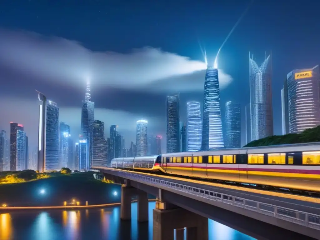 Metrópolis futurista: redes de luces, trenes y drones Vibrante desarrollo urbano con ciudades integradas, calles iluminadas, tren de alta velocidad y drones, bajo una noche estrellada y luna llena