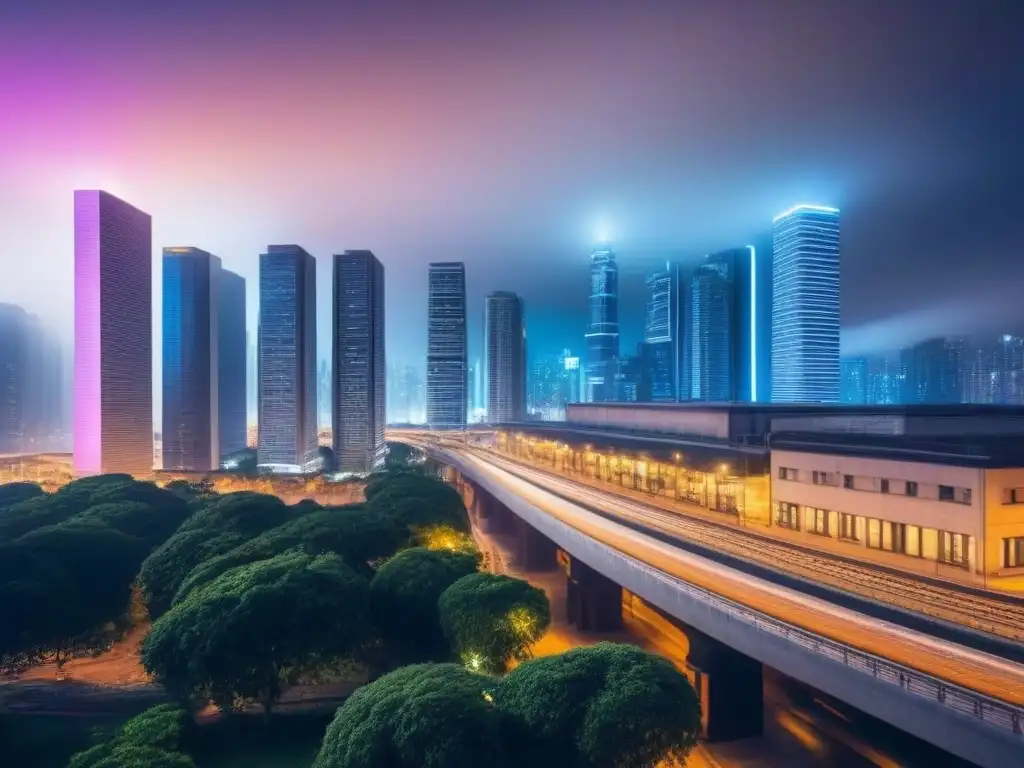 Metrópolis nocturna: luces y diversidad urbana Vibrante desarrollo urbano en grandes ciudades, con rascacielos iluminados y bulliciosas calles nocturnas