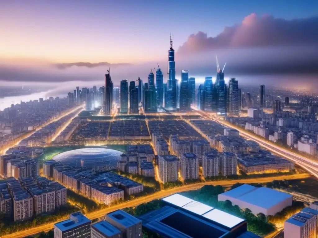Metrópolis futurista: ciudad nocturna en 8k Vibrante desarrollo urbano en grandes ciudades con modernos rascacielos iluminados y sistemas de transporte avanzados