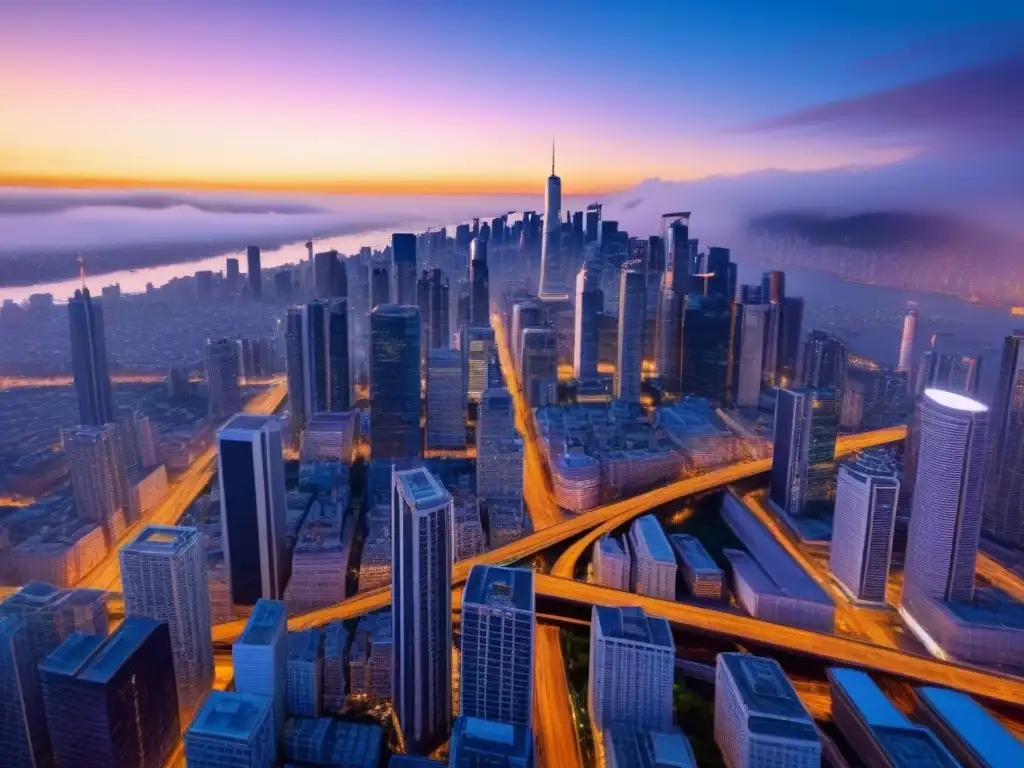 Metrópolis futurista: luces, calles y transporte público en acción Vibrante desarrollo urbano en grandes ciudades al anochecer
