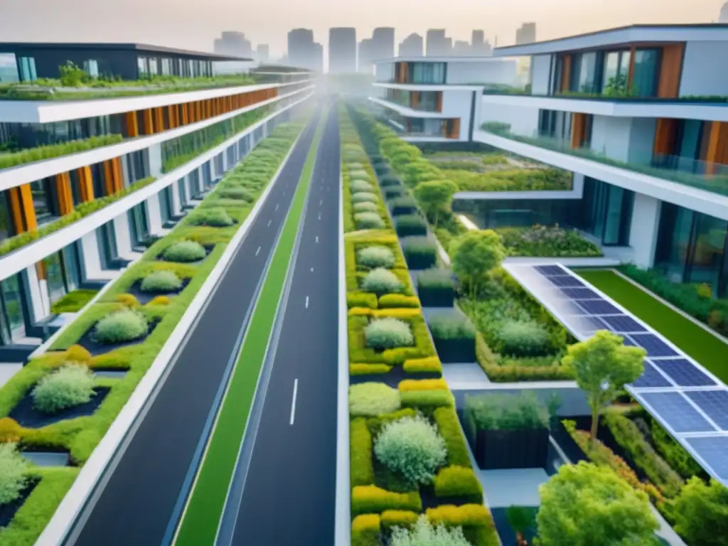 Desarrollo urbano sostenible: arquitectura moderna y naturaleza en armonía Vibrante desarrollo urbano sostenible con techos verdes y paneles solares, calles con estaciones de carga para autos eléctricos