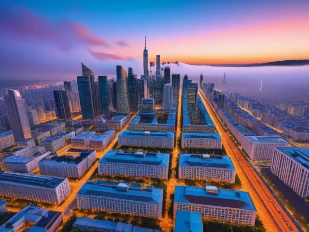 Cityscape moderno detallado bajo un atardecer vibrante Vibrante ilustración detallada de una ciudad moderna al atardecer, resaltando la importancia de los planes de ordenación urbana en la inversión