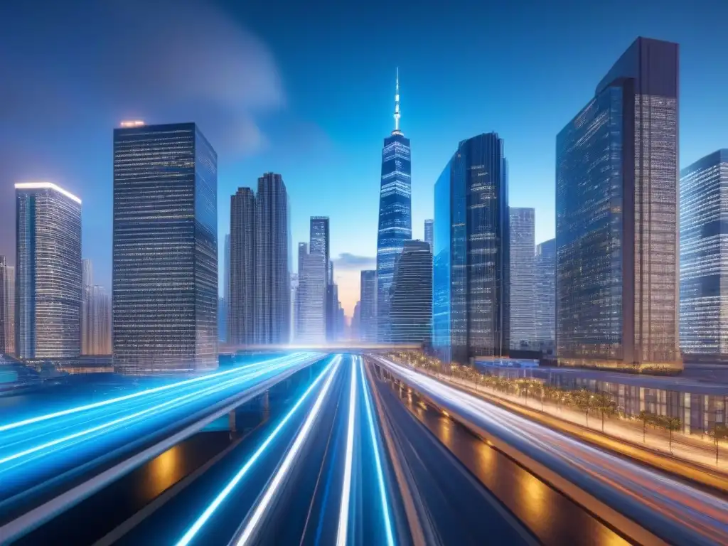 Metrópolis legal: riesgos en transacciones inmobiliarias Vibrante ilustración digital de una ciudad con rascacielos, simbolizando los riesgos legales en transacciones inmobiliarias