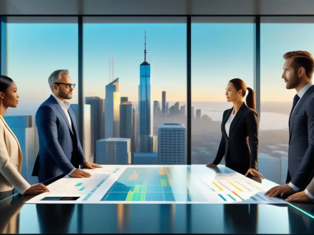 Conversación de inversores: Reunión sobre REITs en un boardroom futurista Una vibrante discusión sobre REITs en una sala de juntas moderna
